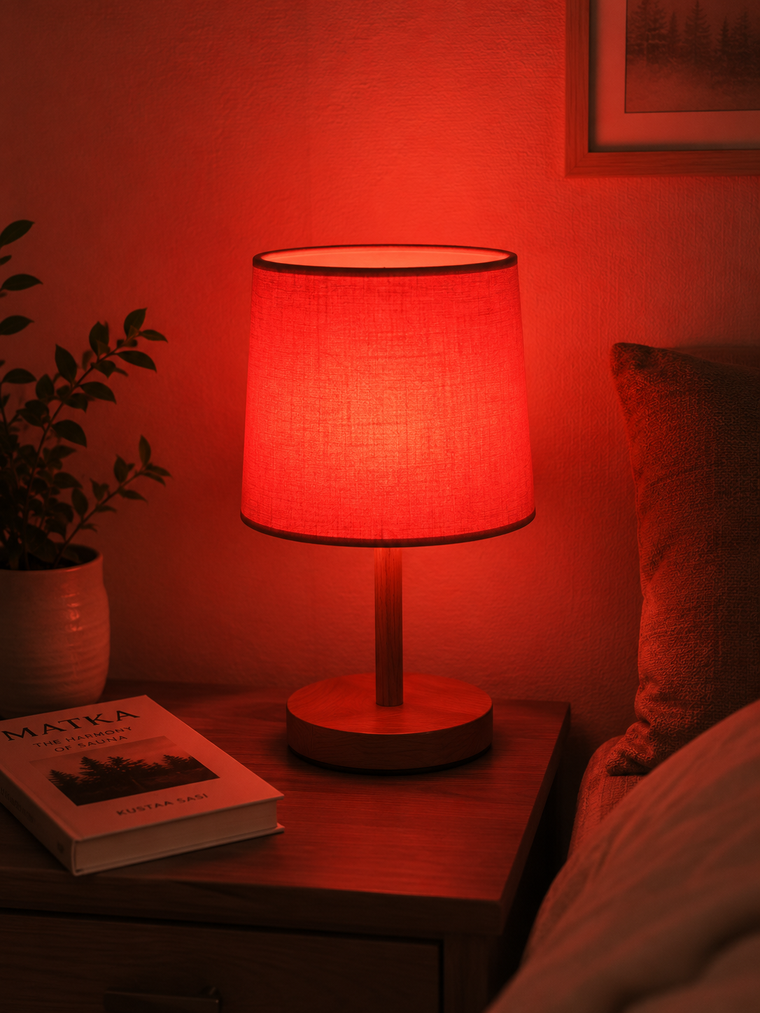 Lámpara de luz roja en un dormitorio de noche