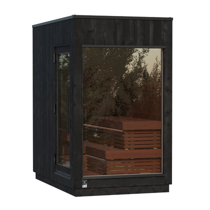 Kirami by Harvia FinVision Misty S — sauna exterior compacta con estufa de esquina, configuración izquierda