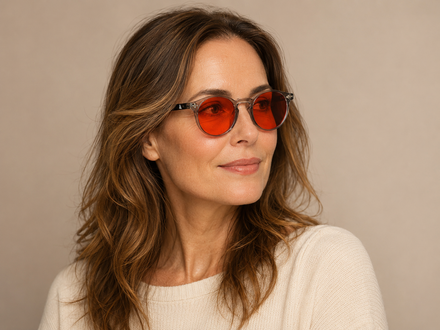 Mujer con gafas bloqueadoras de luz azul Crimson Night (lentes rojas redondas) — RekoVital