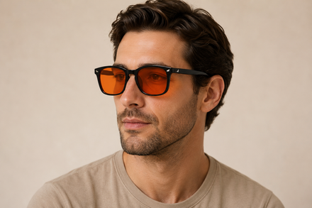 Hombre joven con gafas bloqueadoras de luz azul Midnight Orange (lentes ámbar rectangulares) — RekoVital