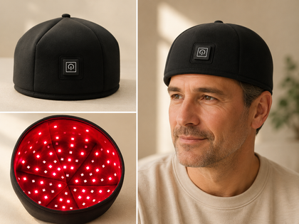 RekoHat — gorro LED de fotobiomodulación, vista de producto e interior con LEDs en uso — RekoVital