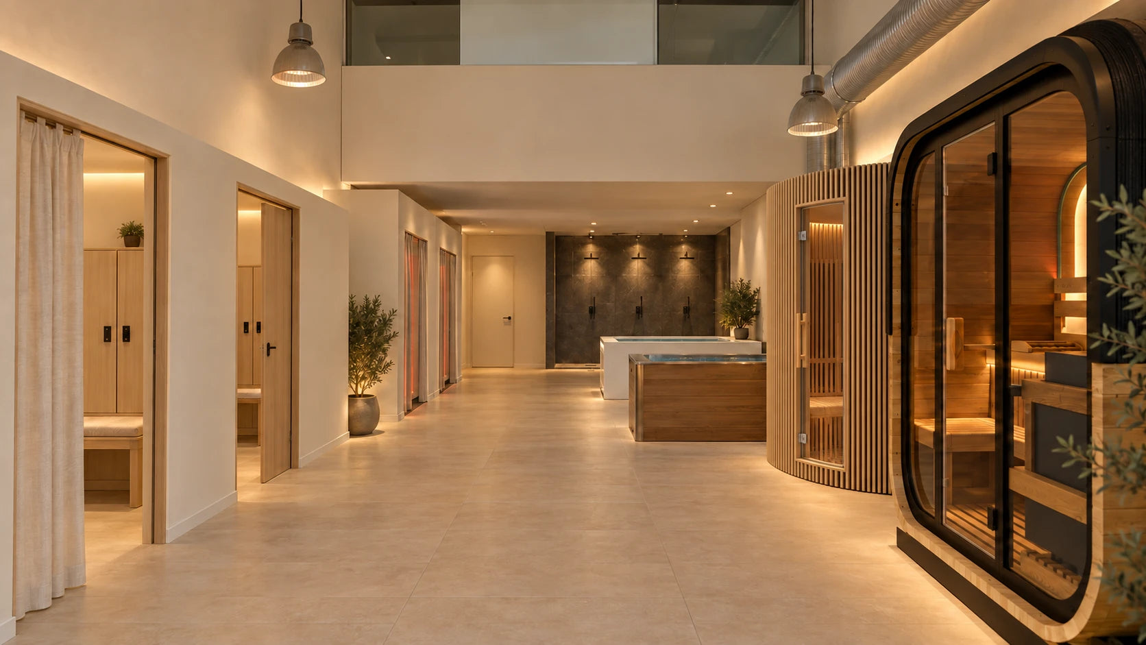 Interior de un RekoVital Lab con vestuarios, sauna y bañeras de frío