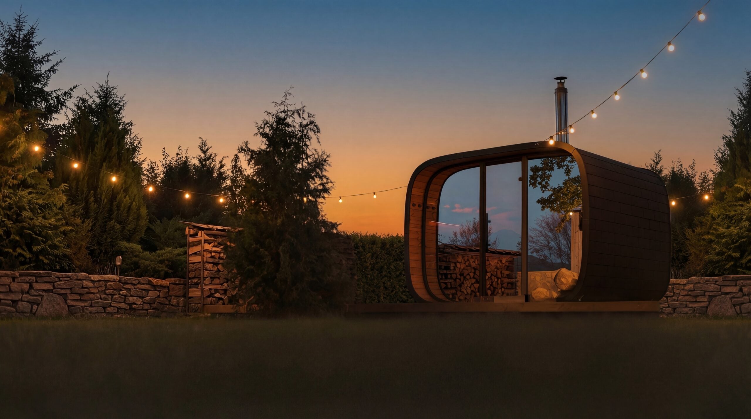 Sauna panorámica de exterior de Leil Saunas en un jardín al atardecer