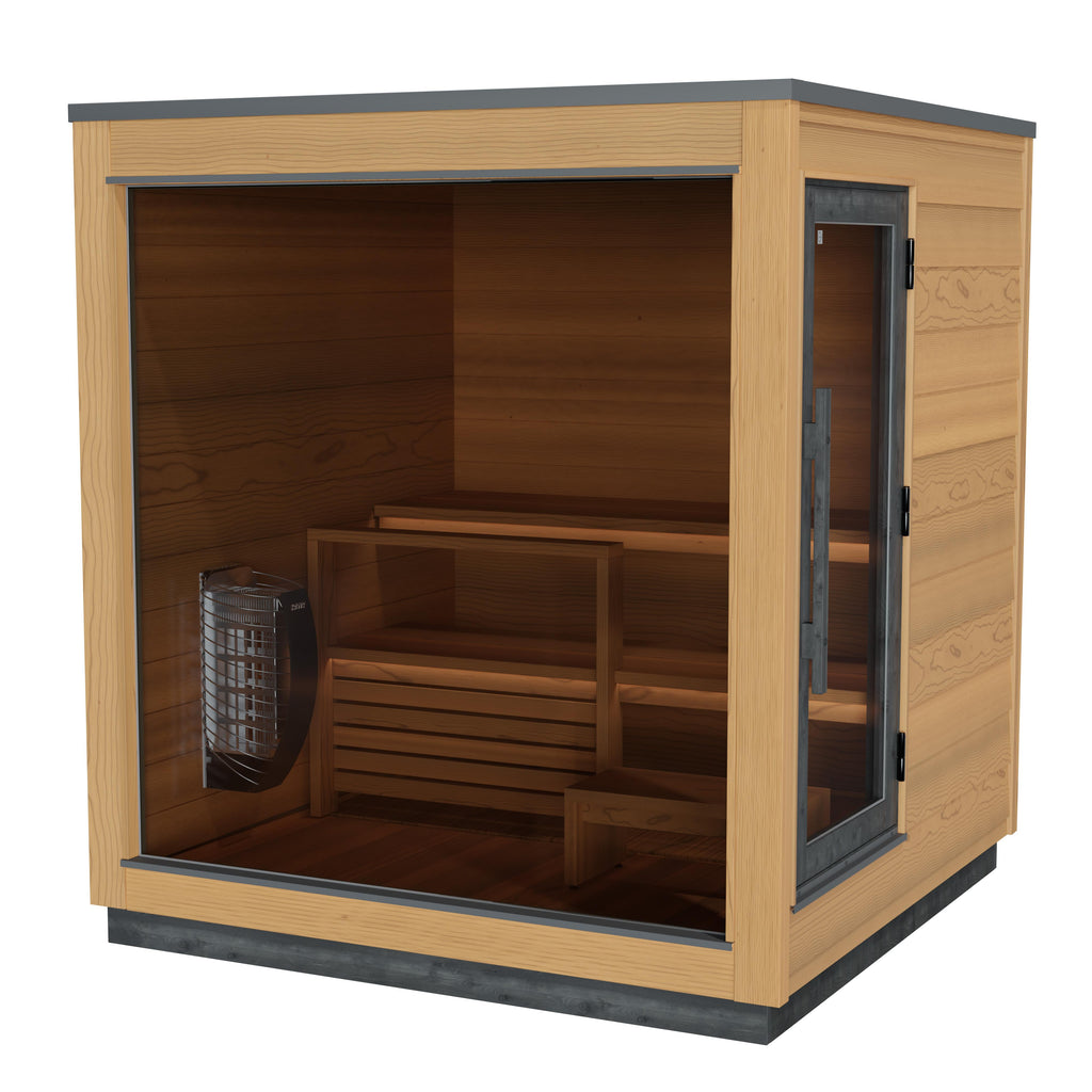 Kirami by Harvia Nordic Dawn Spirit XW - cabina de sauna exterior con fachada de cristal