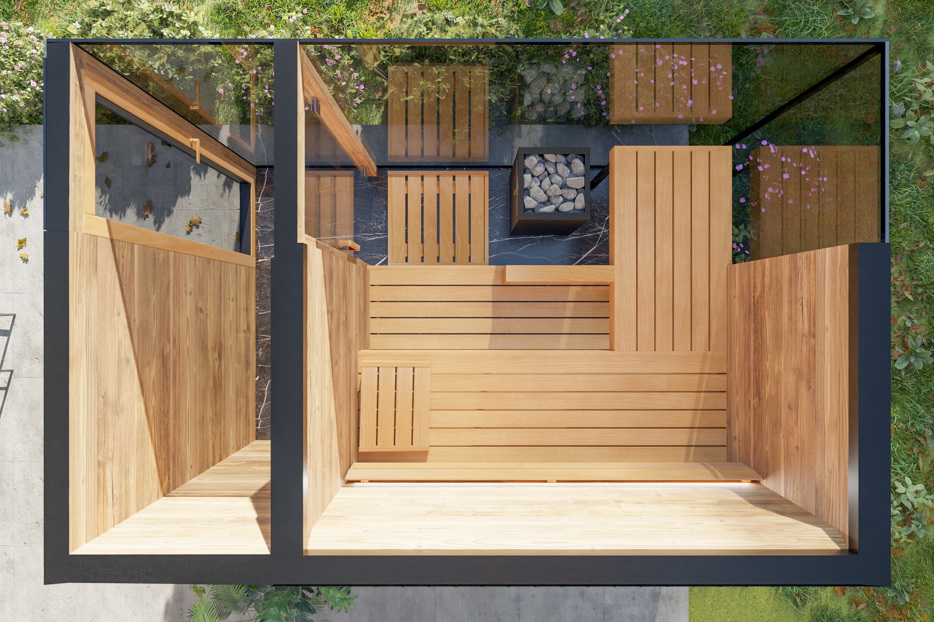Sauna exterior Harvia Lux Large — vidrio negro panorámico, alta gama · 4 personas