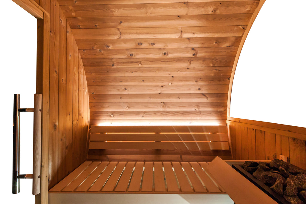 Sauna exterior Harvia Kaski Panorama 180 — barril con ventana panorámica · 4 personas