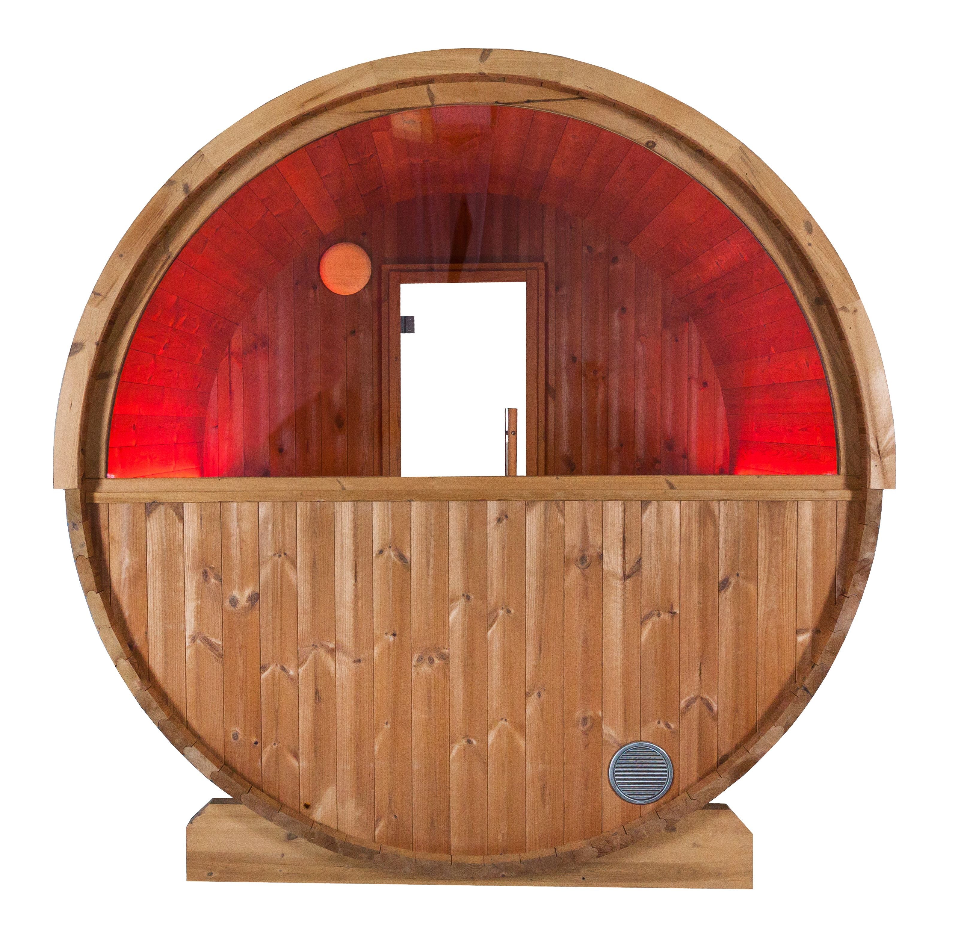 Sauna exterior Harvia Kaski Panorama 180 — barril con ventana panorámica · 4 personas