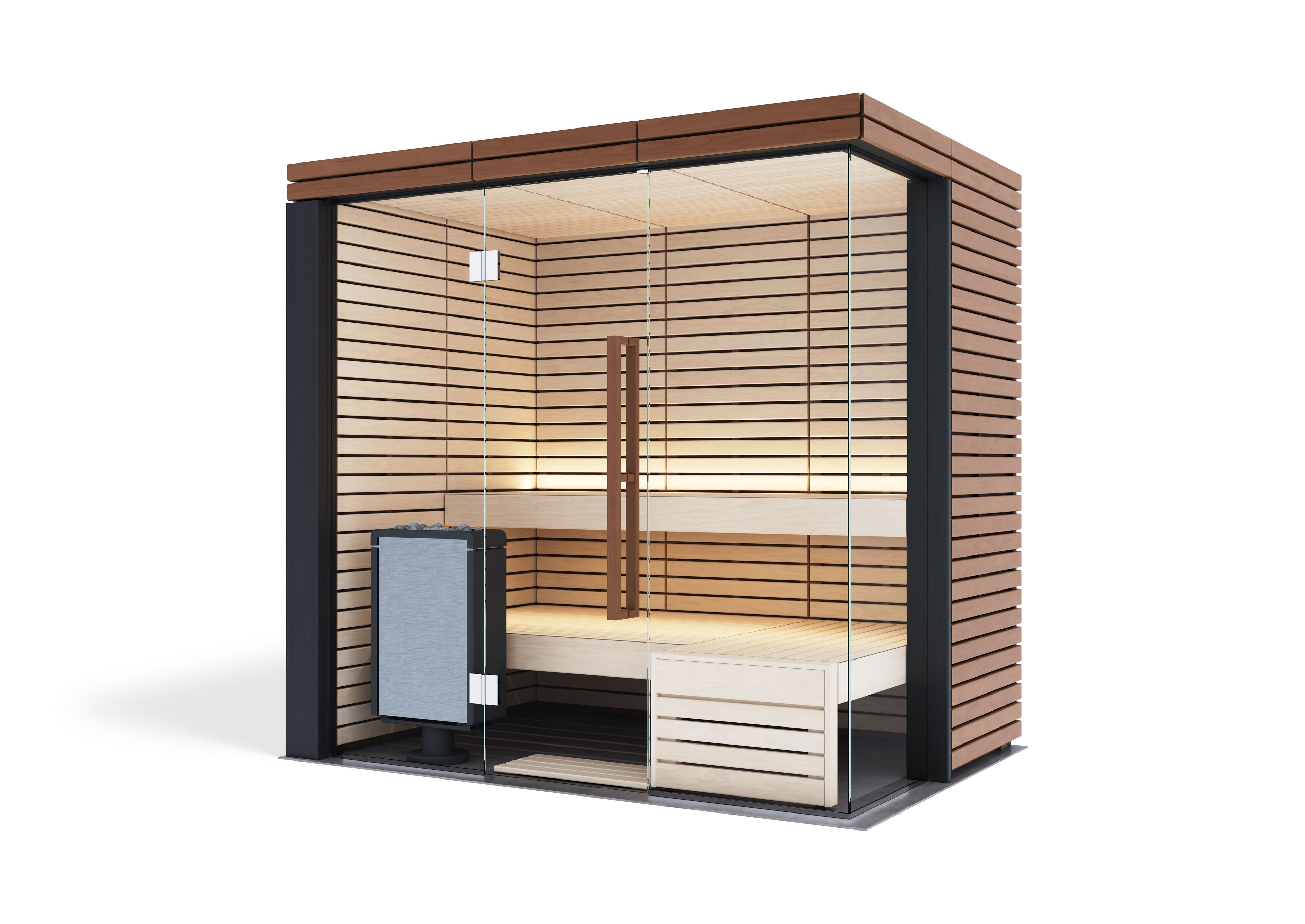 Sauna Harvia Lindea Small — diseño esquina de vidrio · 1-3 personas
