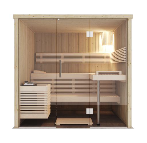 Sauna Harvia Panorama L — frontal de cristal panorámico y bancos de tilo