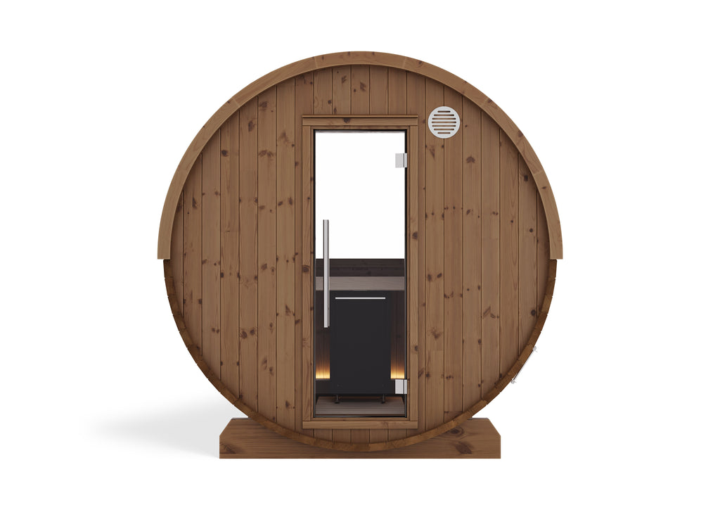 Sauna exterior Harvia Kaski Panorama 180 — barril con ventana panorámica · 4 personas