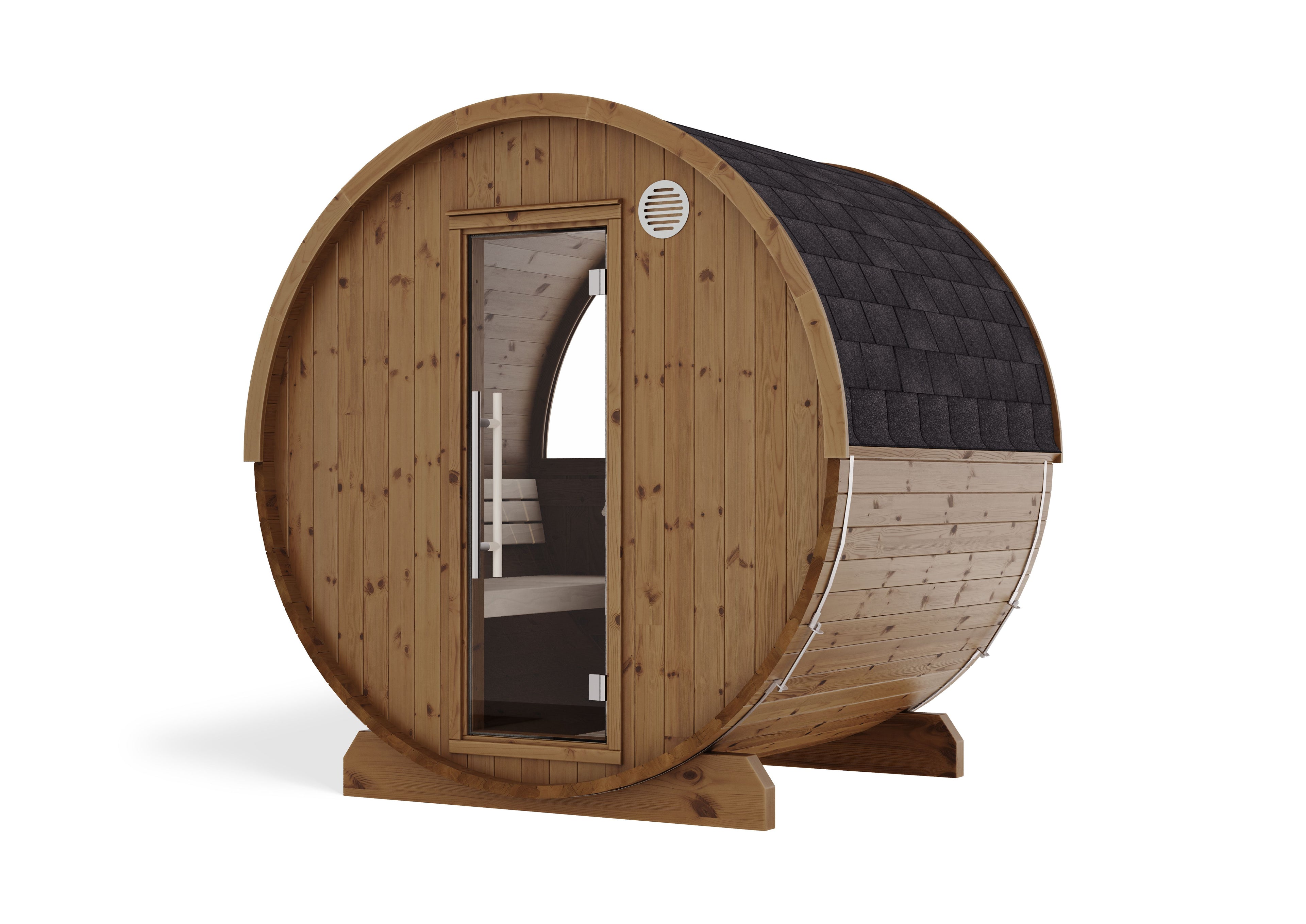 Sauna exterior Harvia Kaski Panorama 180 — barril con ventana panorámica · 4 personas