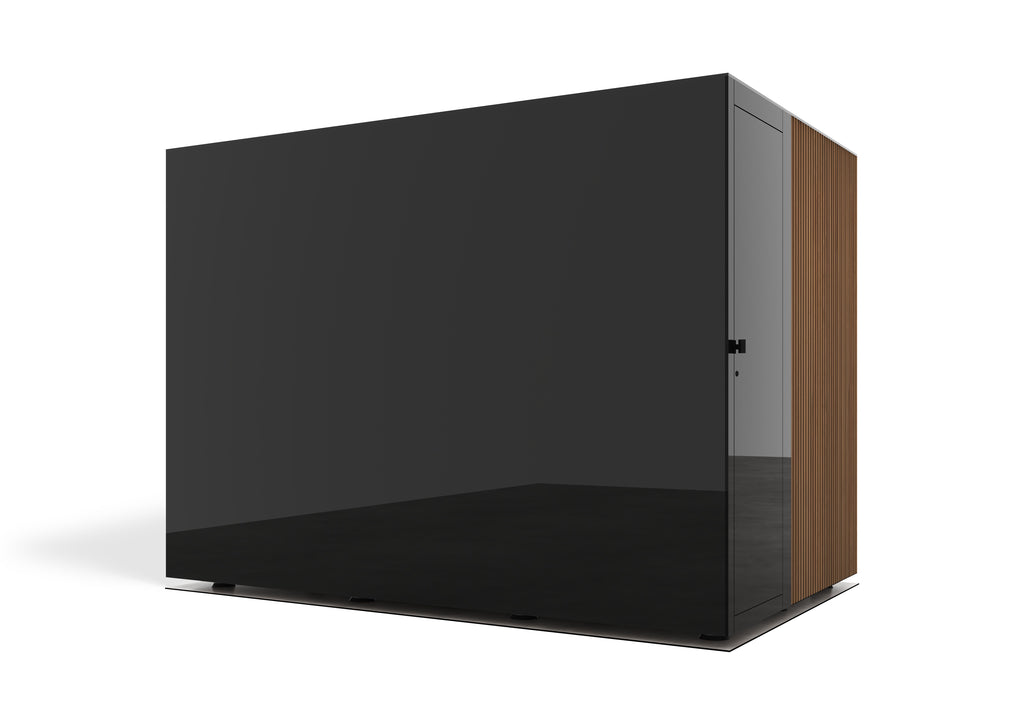 Sauna exterior Harvia Lux Large — vidrio negro panorámico, alta gama · 4 personas