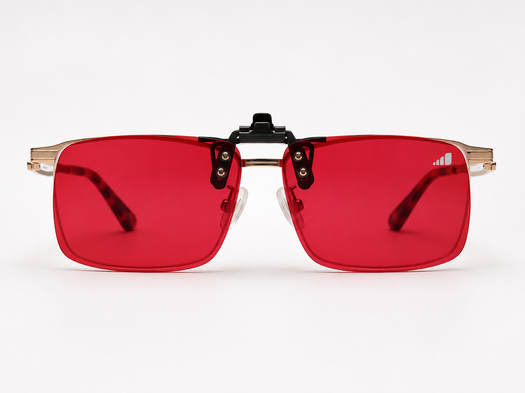 Gafas rojas tipo clip-on bloqueadoras luz azul - rectangulares
