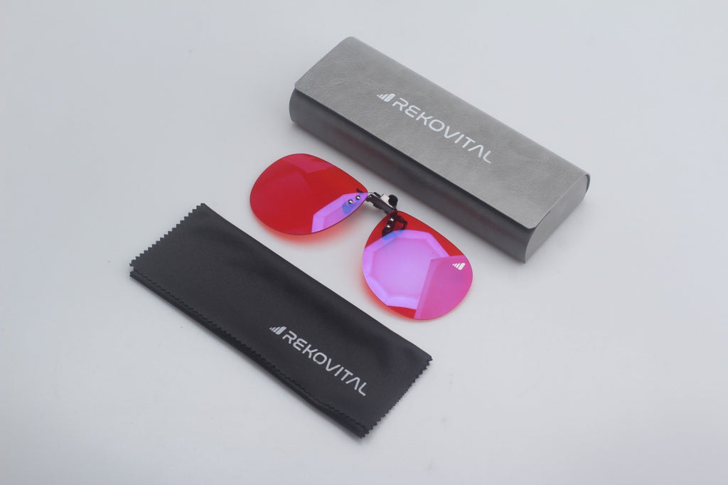 Gafas clip-on rojas redondas bloqueadoras de luz azul total para mejorar el sueño