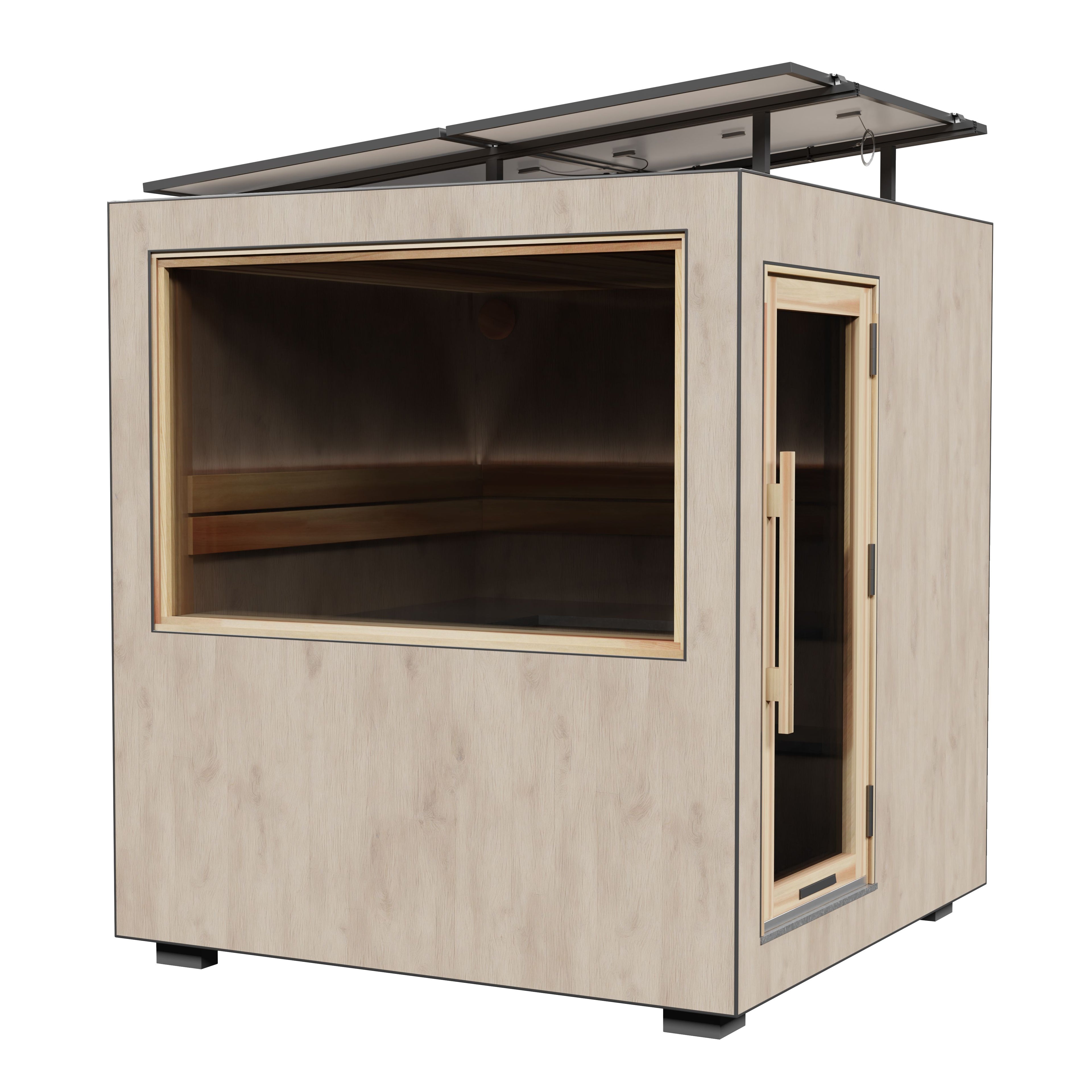 Kirami by Harvia FinVision Zero — sauna exterior off-grid con sistema solar autónomo, acabado roble
