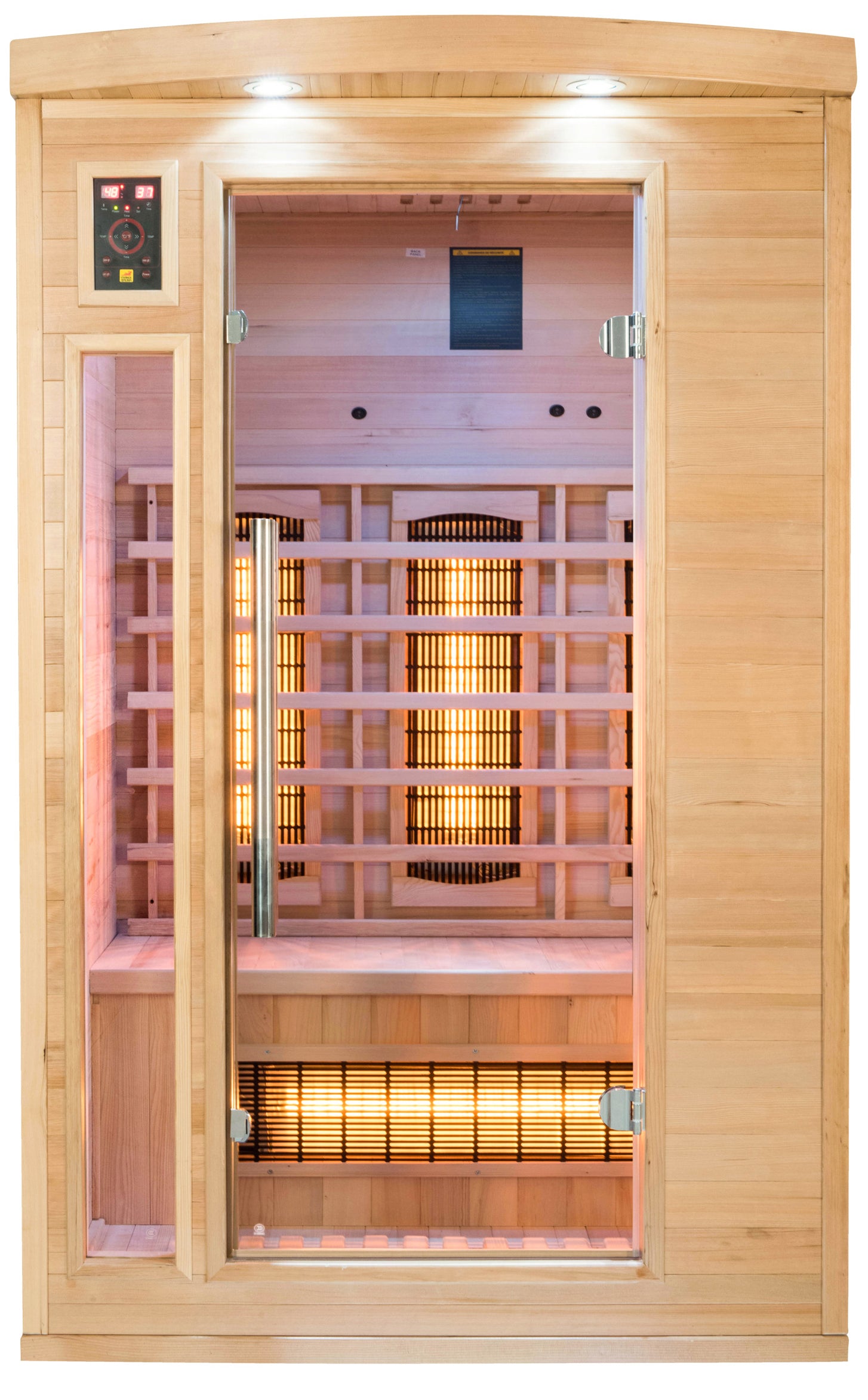 Sauna Apollon 2 vista frontal con puerta cerrada y emisores Full Spectrum encendidos