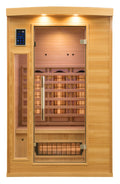 Sauna infrarroja Apollon 2 vista frontal con cromoterapia y emisores Full Spectrum encendidos
