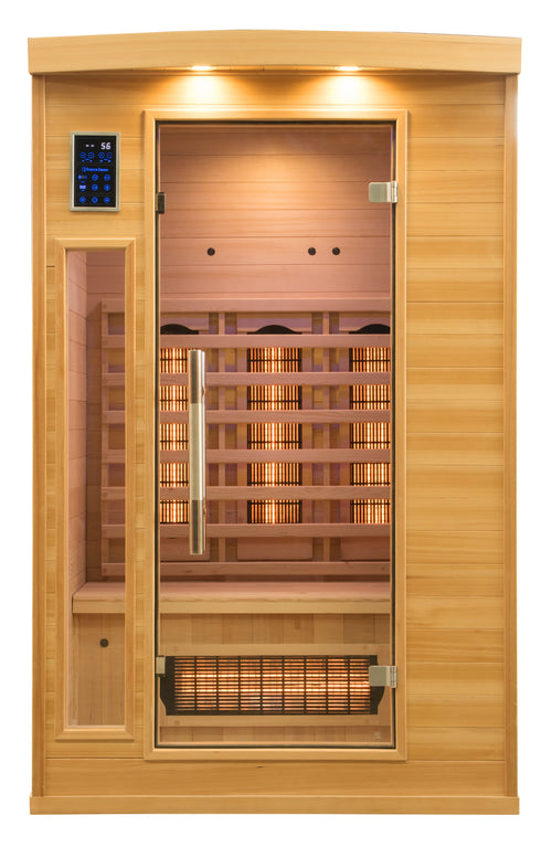 Sauna infrarroja Apollon 2 vista frontal con cromoterapia y emisores Full Spectrum encendidos