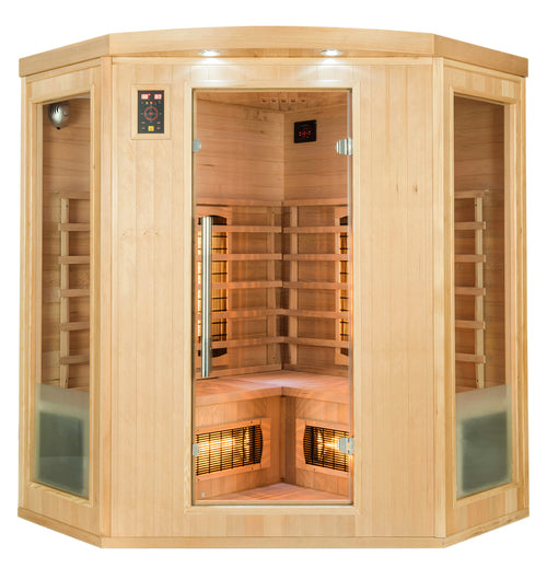 Sauna infrarroja Apollon 3C vista frontal con emisores encendidos
