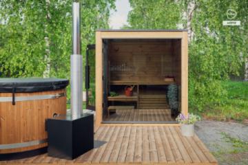 Kirami by Harvia Nordic Dawn Spirit XW - exterior en jardín junto a bañera de madera