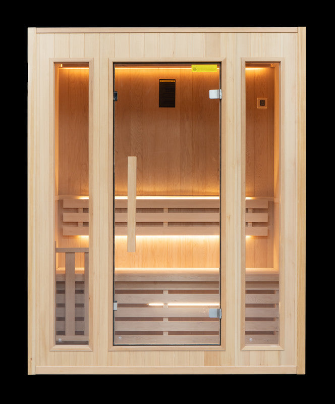 Sauna tradicional finlandesa Zen 3 para 2 personas con horno eléctrico y madera clara