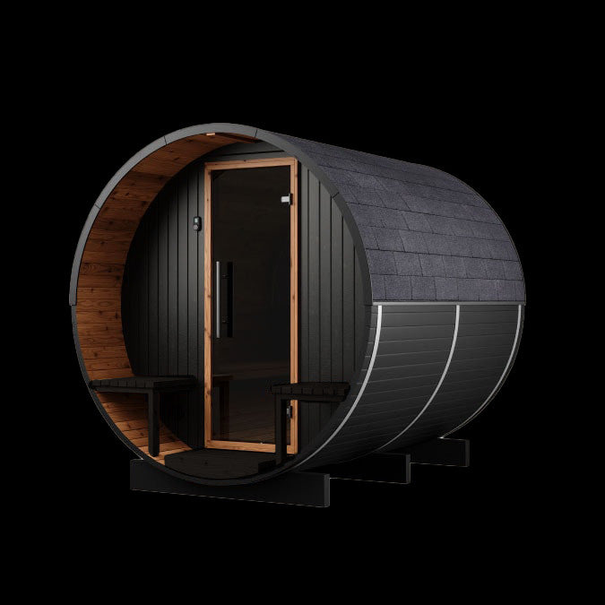 Sauna barril exterior Onyxia para 6 plazas con acabado en madera ahumada oscura