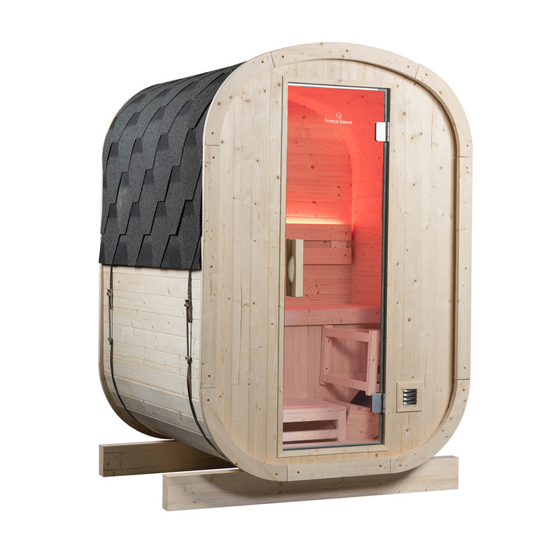 Sauna barril exterior Gaïa Urban compacta para 2 plazas ideal para terrazas y jardines