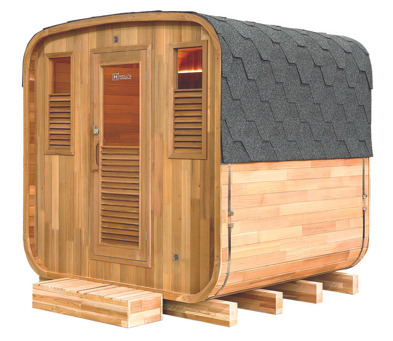 Sauna barril exterior Gaïa Nova para 6 plazas con acabados premium y madera tratada