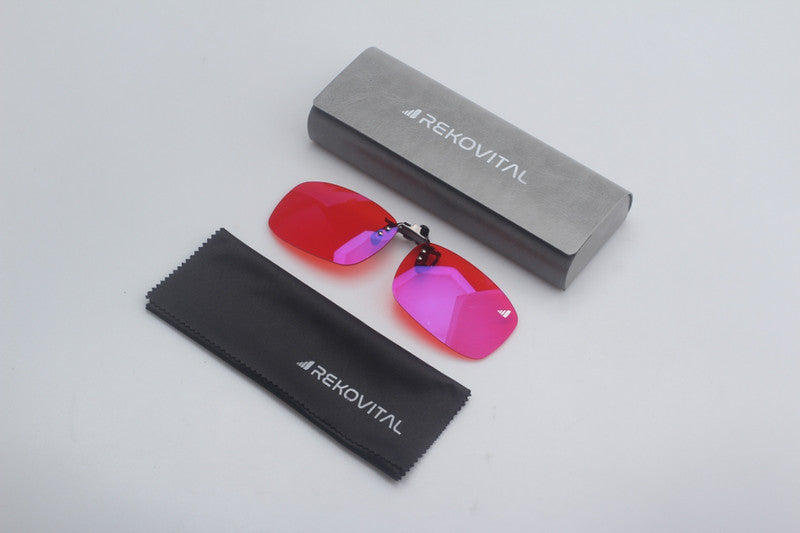 Gafas clip-on rojas rectangulares bloqueadoras de luz azul y verde para máxima protección