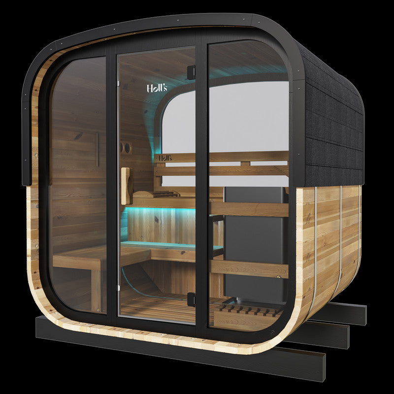 Sauna exterior Hestia para 4-5 plazas con diseño cúbico y madera nórdica premium