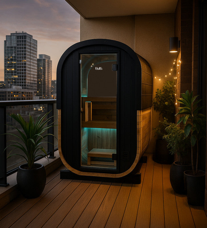 Sauna barril exterior Cocoon para 2 plazas en madera nórdica con calentador de leña