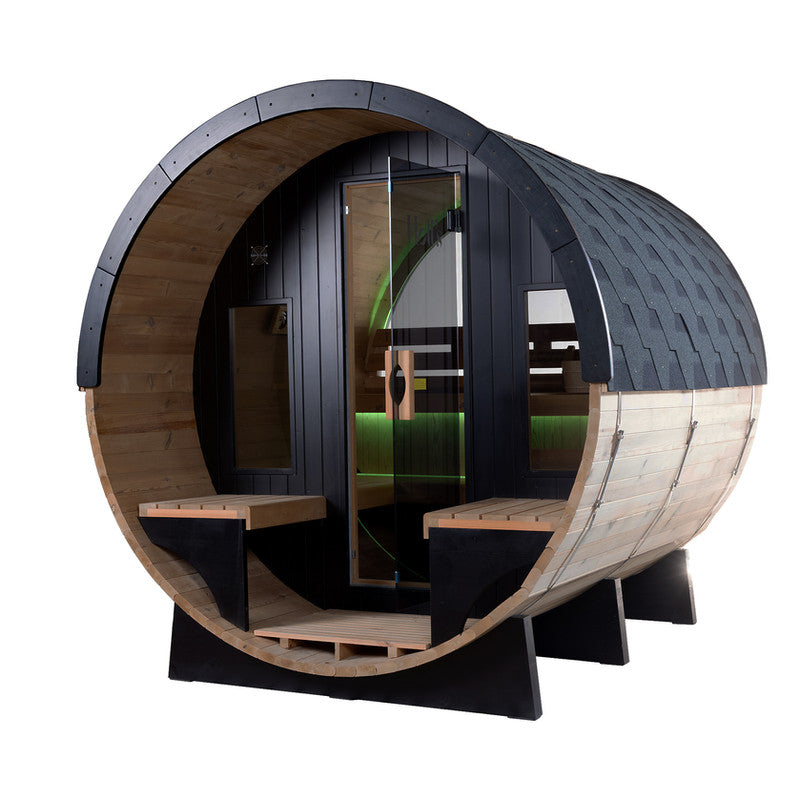 Sauna barril exterior Orphee Lounge para 5-6 plazas en madera nórdica de lujo