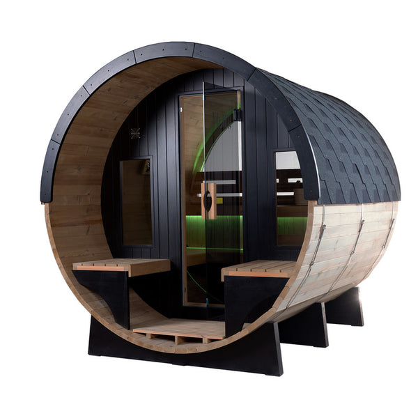 Sauna barril exterior Orphee Lounge para 5-6 plazas en madera nórdica de lujo