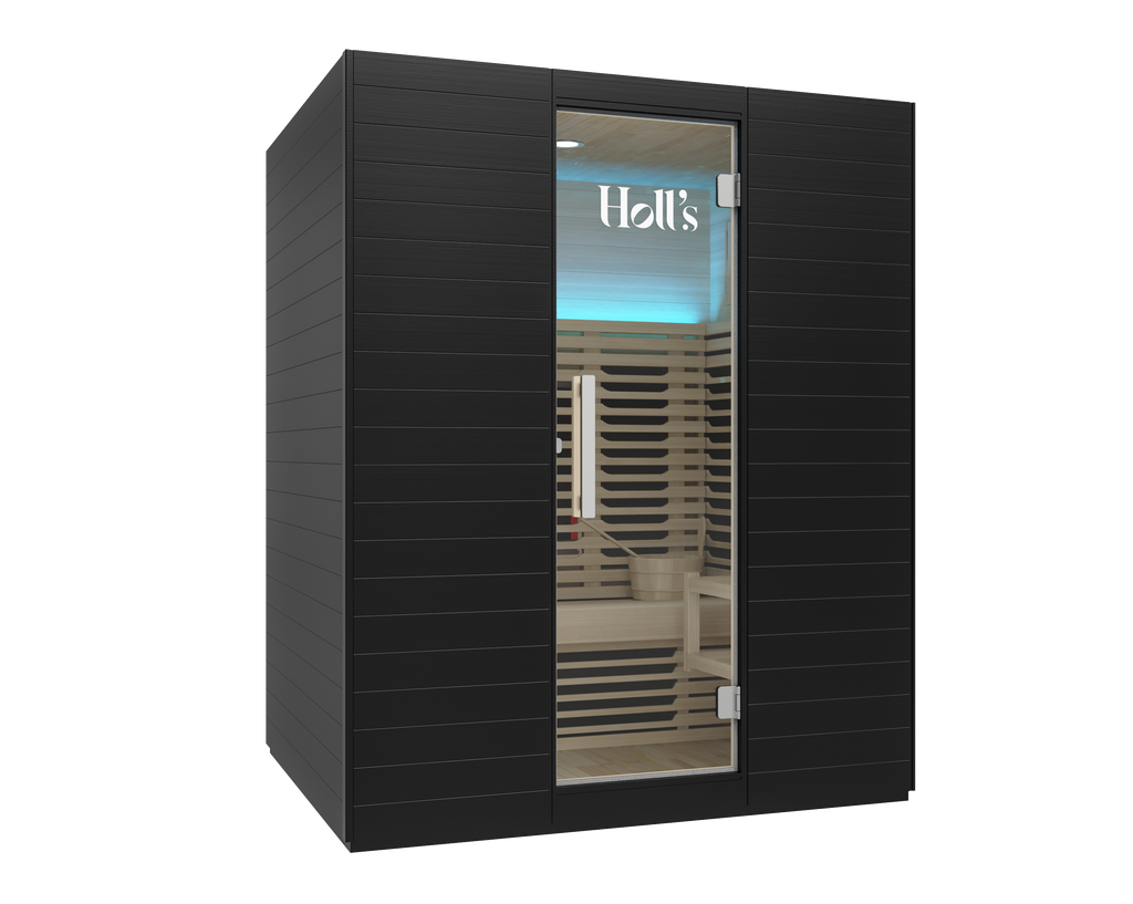 Sauna híbrida Symbioz 160 negra con interior iluminado en azul y panel frontal de cristal