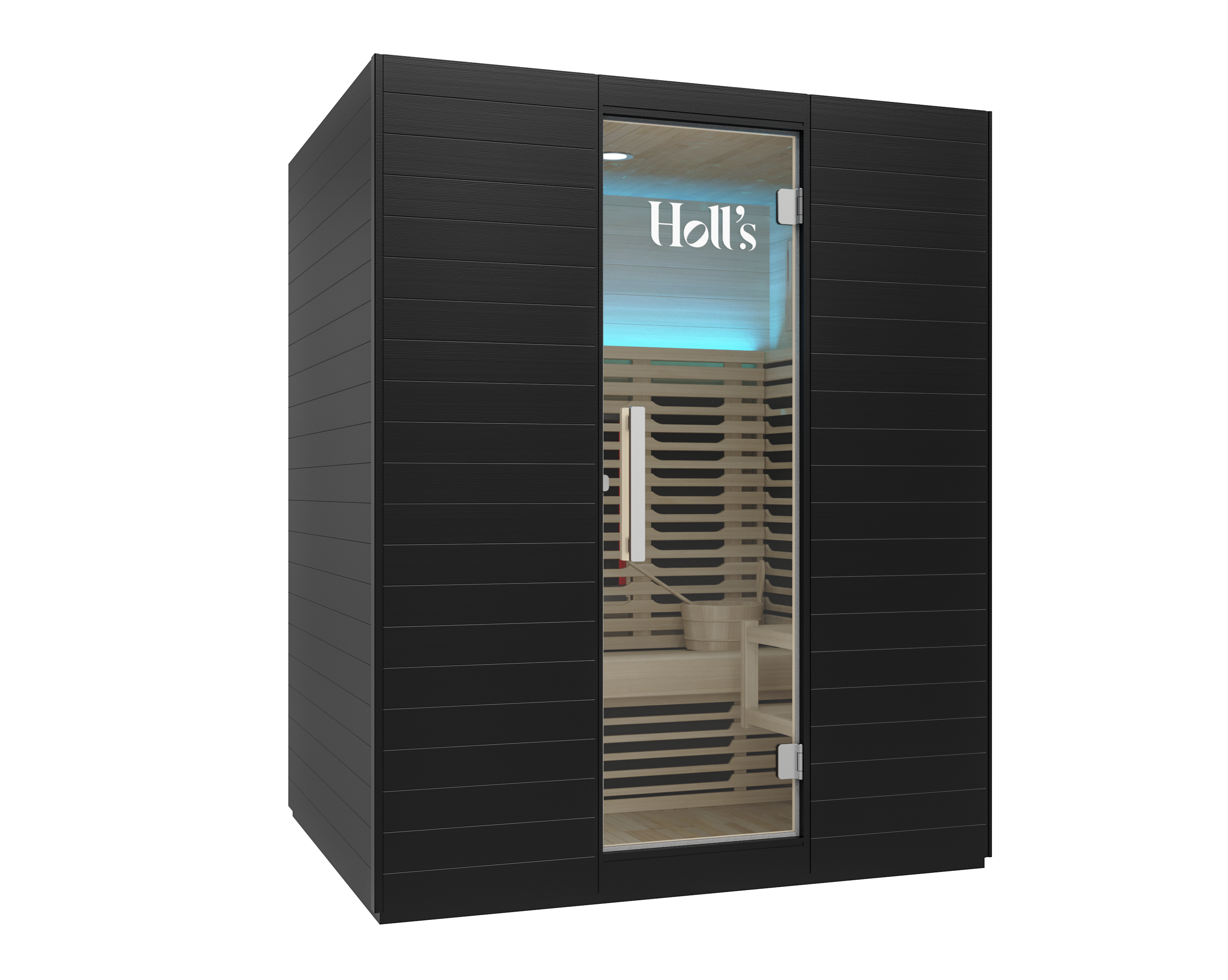Sauna híbrida Symbioz 160 negra con interior iluminado en azul y panel frontal de cristal