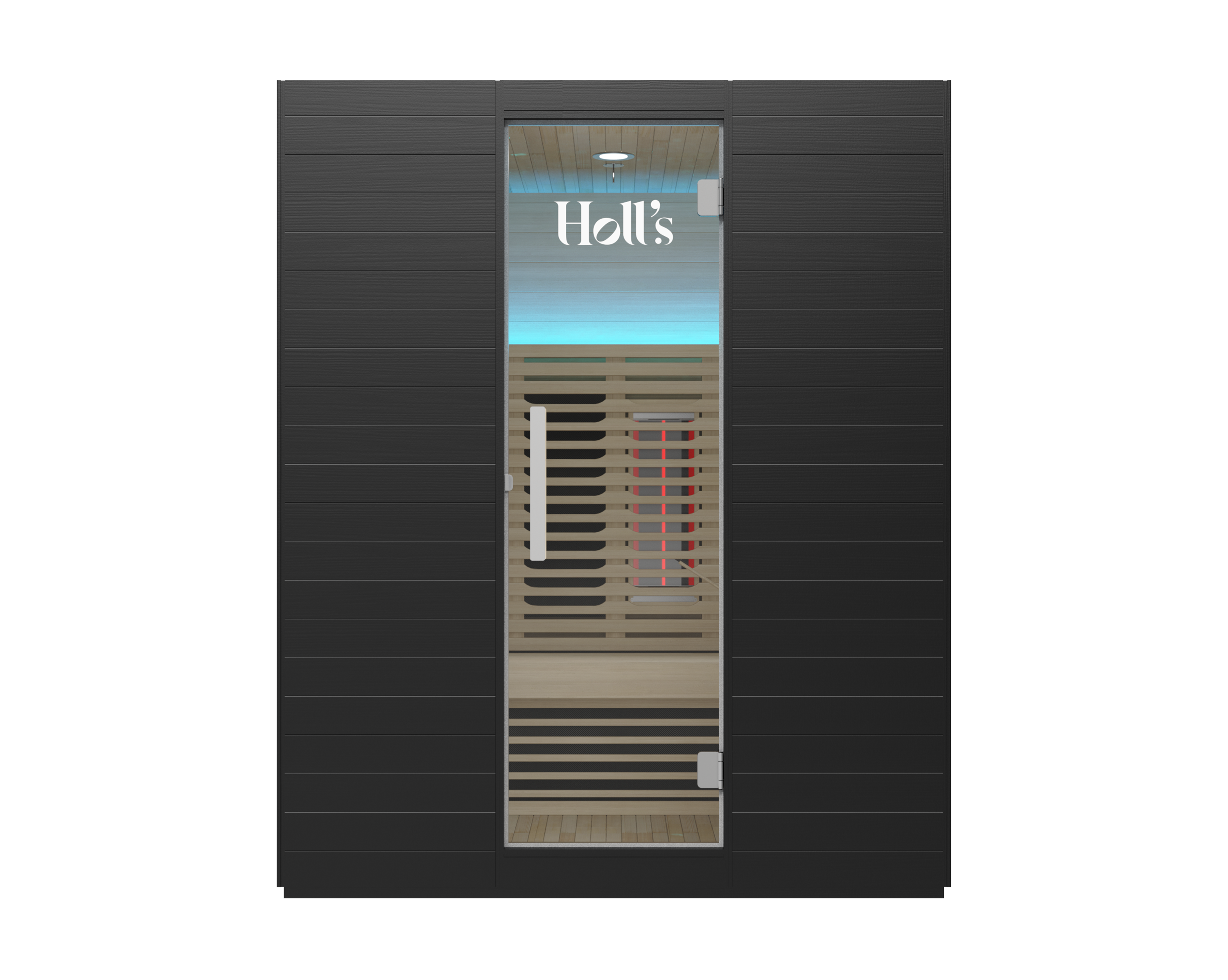 Sauna híbrida Symbioz 160 vista frontal con emisores infrarrojos rojos encendidos