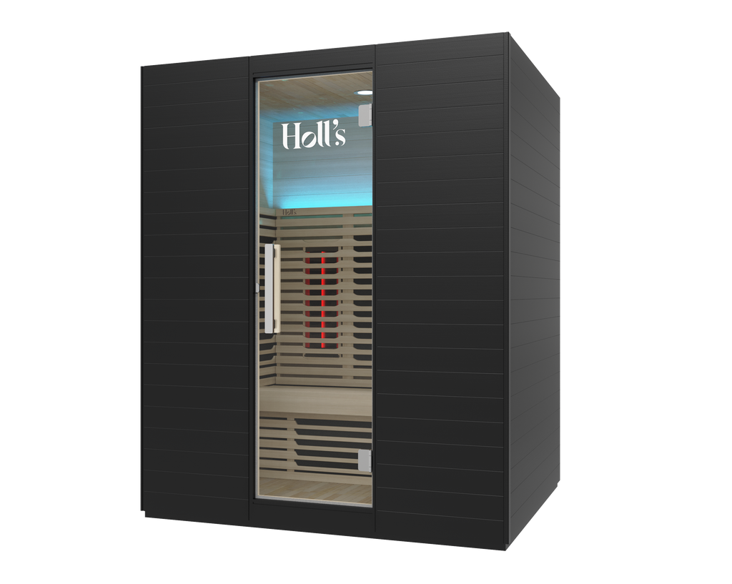 Sauna híbrida Symbioz 160 con puerta de cristal y cromoterapia azul de cabecera