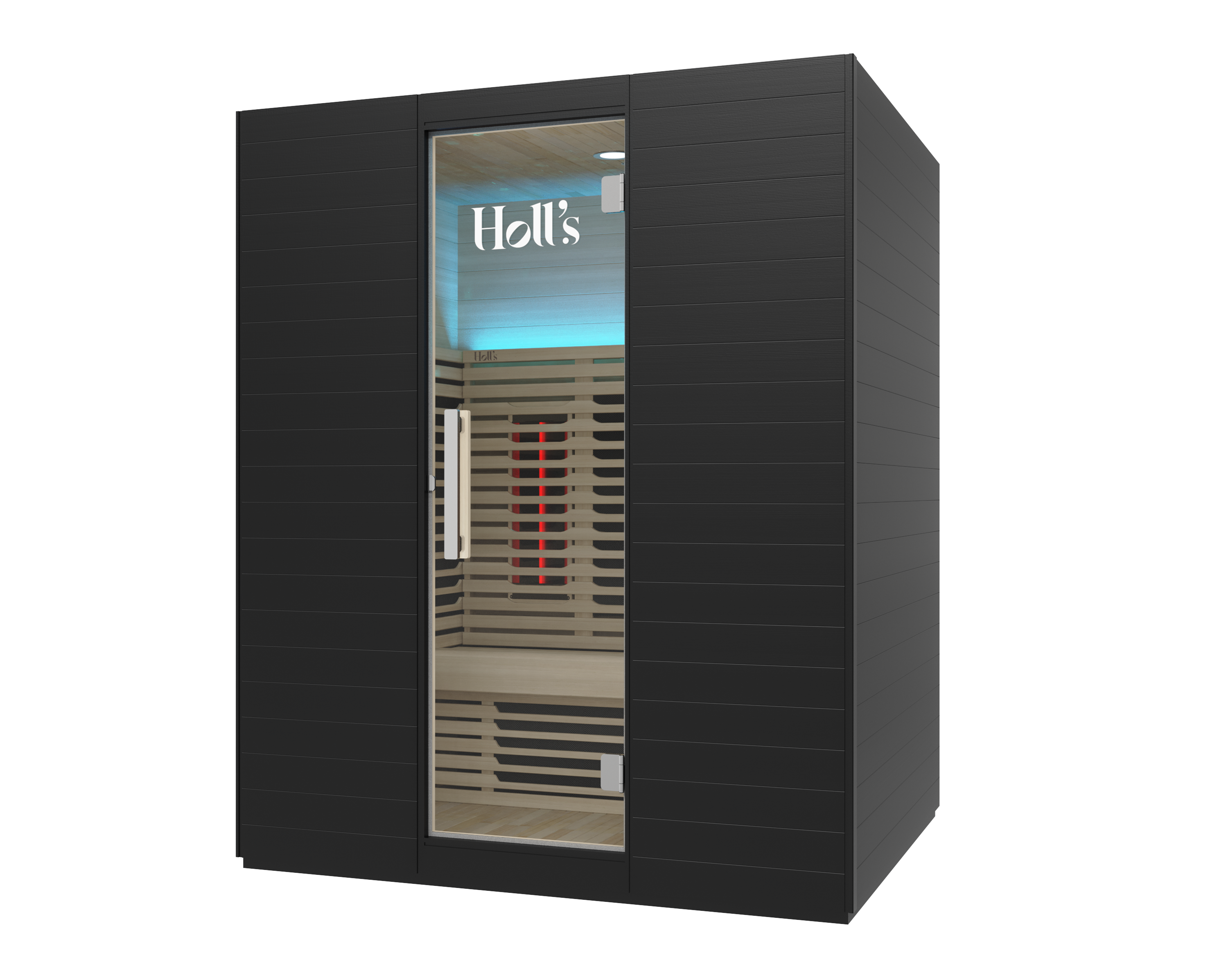 Sauna híbrida Symbioz 160 con puerta de cristal y cromoterapia azul de cabecera